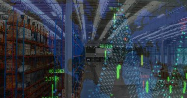 Boş deponun üzerinde veri işleme resmi. Küresel gönderim, bilgisayar ve dijital arayüz konsepti dijital olarak oluşturuldu.