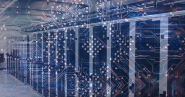 Sunucular üzerinde entegre devre resmi. Bilgisayarlar, ağ, veri işleme ve teknoloji konsepti dijital olarak oluşturuldu.