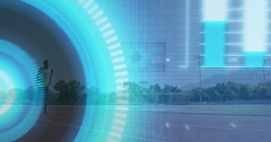 Engelli Afro-Amerikan erkek koşucunun veri işleme görüntüsü. Küresel spor ve dijital arayüz kavramı dijital olarak oluşturulmuş görüntü.