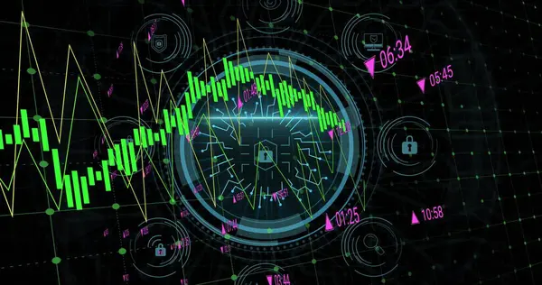Siber güvenlik ve asma kilit resmi siyah arkaplandaki grafikler üzerinde daire çiziyor. İnternet güvenliği, veri güvenliği, veri işleme ve dijital olarak oluşturulmuş görüntü konsepti.