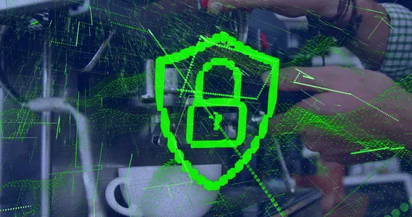 Kahve yapan baristanın üzerindeki dijital arayüz görüntüsü. Küresel bağlantılar, veri işleme ve dijital arayüz konsepti dijital olarak oluşturulmuş resim.