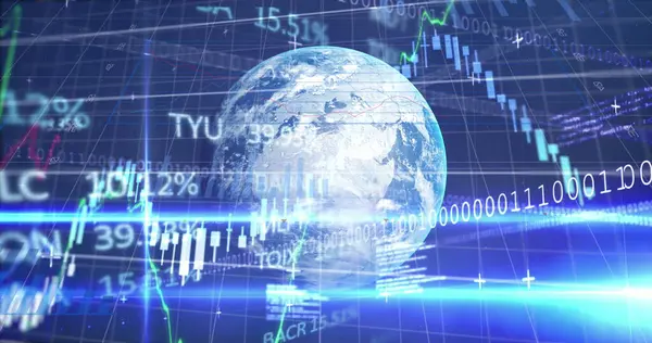 Küresel ve finansal veri işleme görüntüsü. Küresel finans ekonomisi iş ve teknoloji kavramı dijital olarak oluşturulmuş imaj.