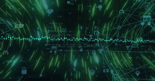 Dijital simgelerin ve ışık yollarının küresi kara arkaplana karşı veri işleme üzerinde dönüyor. Bilgisayar arayüzü ve iş teknolojisi kavramı