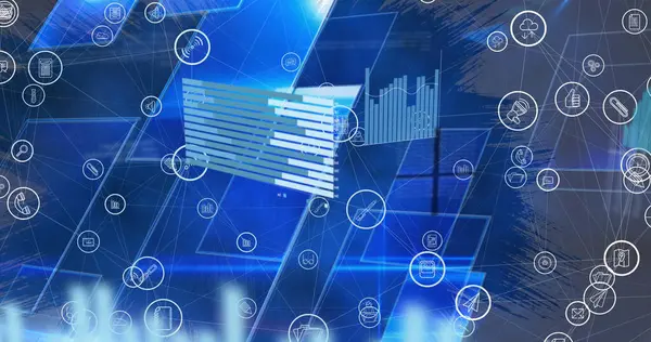 Veri işleme ve şekiller üzerindeki bağlantı ağının resmi. Küresel bağlantılar, hesaplama ve dijital arayüz konsepti dijital olarak oluşturuldu.