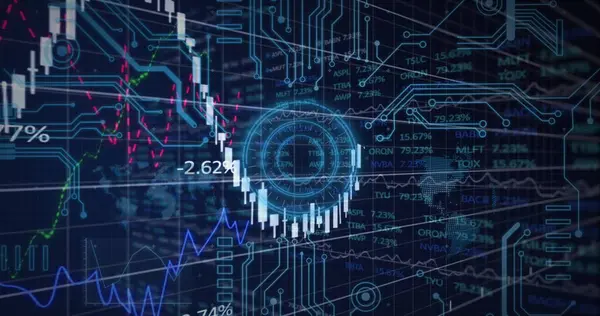 Mavi zemin üzerinde neon yuvarlak tarayıcı üzerinde mikro işlemci bağlantıları ve finansal veri işleme. İş teknolojisi kavramı