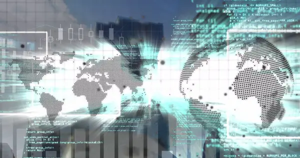 Veri işleme ve şehir manzarası üzerinde ışık yolları olan dünya haritası ve küresi. Küresel iş ve dijital arayüz kavramı dijital olarak oluşturulmuş görüntü.