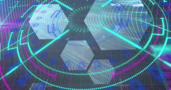 Veri işleme görüntüsü, altıgenler ve siyah zemin üzerinde çizgileri olan neon halkalar. Veri işleme, dijital arayüz, iletişim ve teknoloji konsepti dijital olarak oluşturulmuş görüntü.