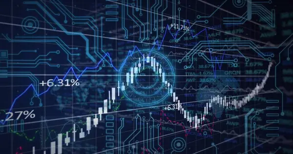 Mavi zemin üzerinde neon yuvarlak tarayıcı üzerinde mikro işlemci bağlantıları ve finansal veri işleme. İş teknolojisi kavramı