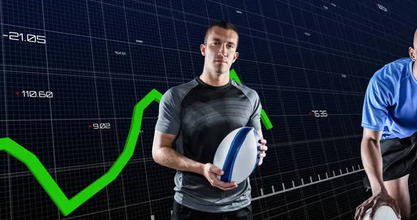 Rugby oyuncusu üzerinden finansal veri işleme resmi. Küresel iş, finans, bağlantılar ve dijital olarak üretilen görüntü konsepti.