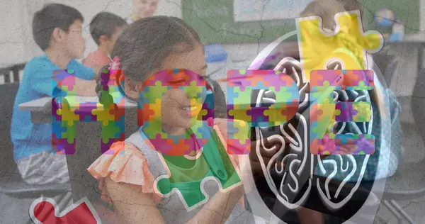 Çeşitli okul çocukları için bulmaca resmi. Otizm farkındalık ayı ve dijital arayüz konsepti dijital olarak oluşturulmuş görüntü.