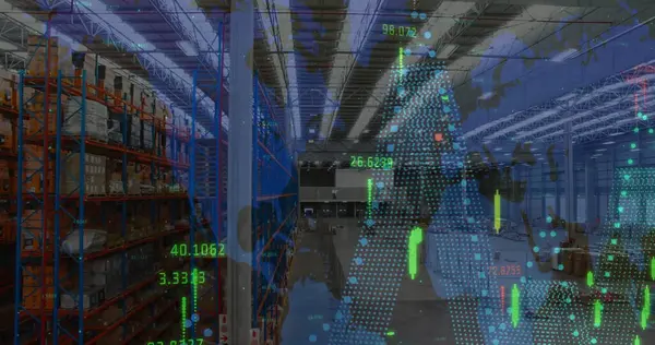Boş deponun üzerinde veri işleme resmi. Küresel gönderim, bilgisayar ve dijital arayüz konsepti dijital olarak oluşturuldu.