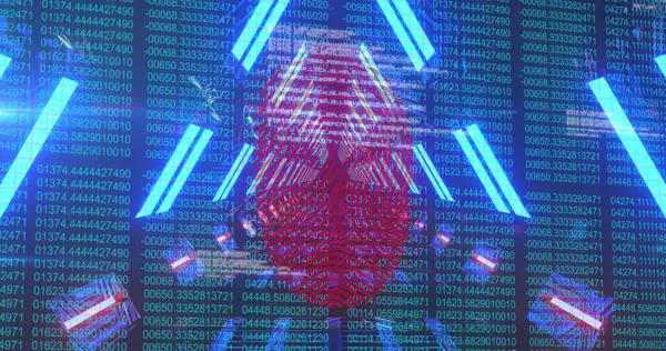 Koyu arkaplan üzerinde dijital veri işleme ve parmak izi resmi. küresel internet güvenliği, veri işleme, bağlantılar ve dijital arayüz konsepti dijital olarak oluşturuldu.