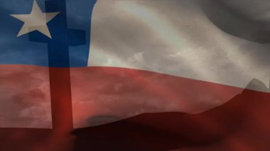 Şili bayrağı dalgalanmaya başlıyor, kıvrımları ve sürüklenen bulutları ortaya çıkarıyor, yüzen havayı çağrıştırıyor. Vatansever, tekstil, hareket, atmosfer, soyut, ulusal, kumaş