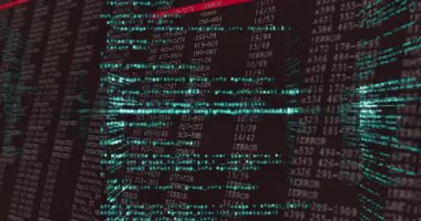 Kod sütunları görünür, 3 boyutlu günlüklere uzanır, kırmızı çubuk tarama hataları, turkuaz çizgiler yanıp söner. Siber güvenlik, veri görselleştirme, dijital analitik, yüksek teknoloji, bilgi teknolojisi, bilgi güvenliği, 3D görüntüleme