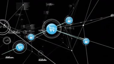 Merkezi mavi araba simgesi, hat yayıyor ve güvenli ticaret ağını genişleten asma kilit simgeleri üretiyor. Teknoloji, siber güvenlik, veri görselleştirme, dijital evren, yenilik, ağ, e-ticaret