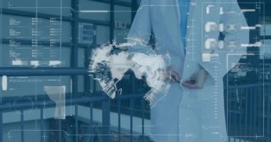 Sağlık araştırmacıları laboratuvar önlüğünün düğmelerini iliklerken projeksiyon da holografik küreyi ve atım panellerini gösteriyor. Gelecekçi, profesyonel, yenilikçi, bilim, teknoloji, dijital, kendinden emin