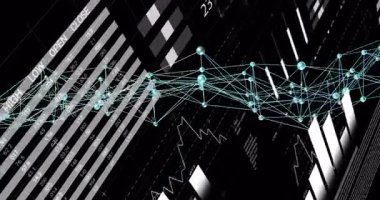 Turkuaz düğüm ağı finans tablosu boyunca titreşiyor ve dünya haritasına metrik haritalar çıkarıyor. Dijital, fütüristik, analitik, veri görselleştirmesi, teknoloji, yenilik,