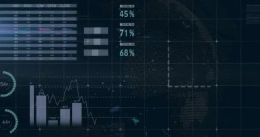 Karanlık şebeke başlangıç tablosunu açıyor çizelgeleri, yüzükleri ve haritayı veri paneline yerleştiriyor. Veri görselleştirme, analitik, geleceksel, dijital arayüz, gösterge paneli, iş zekası, teknolojik