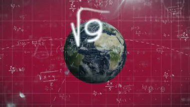 Matematik kavramını gösteren kırmızı ızgaranın üzerinde dönen denklemlerin kıvılcımını oluşturan vurgula. Geometrik, yenilik, teknoloji, görselleştirme, dijital, bilim, soyut