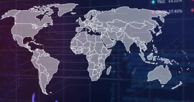 Renklendirme sınırlarını gösteren harita ana hatları, altıgen kümeleri oluşturur ve işaretler ve grafikler güncellenir. Teknoloji, analitik, veri görselleştirme, dijital arayüz, gelecek, bilgi, iş zekası