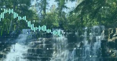 Şelale uçurumuna tırmanan şamdan çubuklarını başlatan veri beslemesi canlı piyasa dalgalanmalarını gösteriyor. Doğa, veri görselleştirme, analitik, doğal uyum, dinamik, manzaralı, dijital soyutlama