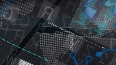 Kuzey Amerika 'yı silip süpüren Cyan vurgulanmış nokta haritası 3 boyutlu çubuk çizelgelerini döndürerek başlıyor. Teknoloji, analitik, görselleştirme, gösterge paneli, veri, yenilik, modern