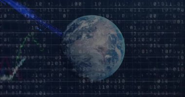 Gelişmekte olan mavi ışın, 3D Dünya 'yı silip süpürüyor. İkili hanet rakamları, finansal grafiği canlandırıyor. Dijital, yenilik, fütüristik, teknoloji, veri, analiz, görselleştirme