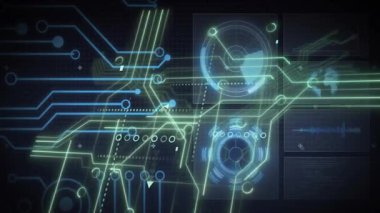 Koyu renk şebeke yeşil, mavi devre genişletme panelleri çalıştırıyor. Metre dişli ev sahipliği yapıyor. Veri akışını sağlıyor. Futuristik, teknoloji, yenilik, dijital, ağ, arayüz, siber