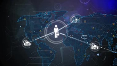 Canlandırılmış ışıltı, küresel veri akışını haritalayan bölgeleri birleştiren iş siluetleri olarak dünya haritasını çiziyor. Teknoloji, bağlantı, dijital, ağ, yenilik, küreselleşme, siber