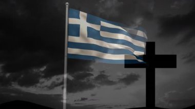 Yükselen Yunan bayrağının dalgalanması ve dalgalanması ulusal gurur için çapraz biçime karşı. Vatanseverlik, kumaş, hareket, sembolizm, manzara, atmosfer, miras