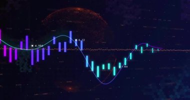 Başlangıçta, pazar eğilimi için güncellenen etiketler olarak kayan çubukları izleme eğrisini gösteren şamdan çizelgesinde. Finansal analiz, veri görselleştirme, dijital arayüz, yüksek teknoloji, dinamik, yenilik, analitik