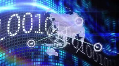 Dönen ışık yayı, simgeleri silip silen ve veri ağını görüntüleyen ikili basamaklar kayar. Dijital, bağlantı, fütüristik, teknoloji, yenilik, siber alan, analitik