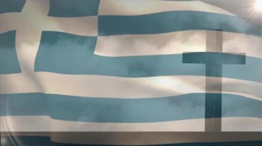 Rüzgarın yükselmesi ve Yunan bayrağının kıvrımlarını vurgulaması, dalgalanan çizgilerin ritmik dalgalanması. Vatanseverlik, ulusal semboller, açık hava, kumaş hareketi, güneş ışığı, rüzgar, dokuma