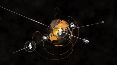 Parlak sarı çekirdek Dünya 'yı döndürmeye başlarken işçi simgeleri de küresel ağ oluşturuyorlar. Küresel ağ, bağlantı, dijital iletişim, yenilik, takım çalışması, soyut teknoloji, kurumsal strateji
