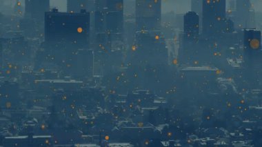 Bulanık ufuk çizgisi üzerinde beliren benekler, sis bulutunu temizlemek için kümelenip dağılıyorlar. Şehir, gökdelen, gökdelen, atmosfer, soyut, dinamik, karamsar