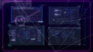 Neon çerçeveli gösterge paneli, gerçek zamanlı verileri gösteren dört veri panelini canlandırıyor. Teknoloji, analitik, yenilik, veri görselleştirme, gelecekçilik, dijital arayüz, sibernetik
