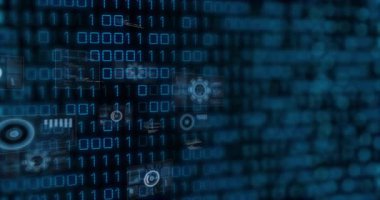 HUD simgesini başlatan ikili haneli kaydırma ve verileri gösteren panel kaydırma, kaydırma. Siber uzay, veri görselleştirme, geleceksel, ui, holografik, dijital, teknoloji