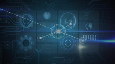 Merkezi daire, düğümlere parlayan çizgiler göndererek ağ büyümesini başlatıyor, veri akışını görselleştiriyor. Gelecek, teknoloji, bağlantı, soyut, dijital, yenilik, siber