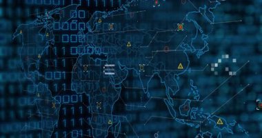 Haritayı başlatan ikili basamaklar kaydırılıyor. Veri akışını gösteren düğümler açılıyor. Teknoloji, veri görselleştirme, dijital arayüz, analitik, ağ, bilgi, fütürist