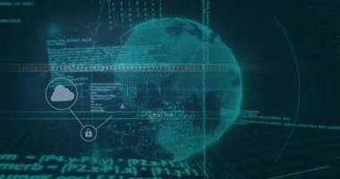 Dönen dünya bulut simgesi alıyor sonra asma kilit kullanıcı düğümlerini birbirine bağlıyor, sekiz simge ağ oluşturuyor. Siber uzay, bağlantı, teknoloji, dijital, yenilik, siber güvenlik, ağ