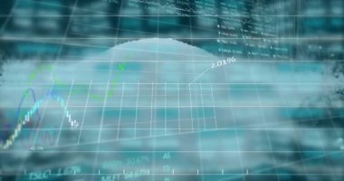 Düşen beyaz parçacıklar çizgi grafikleri yükselirken ve eğilimleri gösteren etiketler gösterirken bulut ızgarası oluşturuyor. Veri, analitik, görselleştirme, gelecekçilik, dijital, teknoloji, yenilik