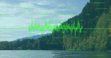 Olay yerinde yeşil dalga formu animasyonunu başlatın. Su yolu boyunca hareket edin ve sesi görselleştirin. Doğa, teknoloji, veri, görselleştirme, dinginlik, manzara, eko