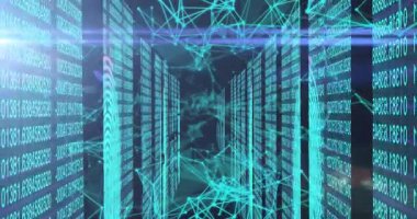 Başlangıçta ikili paneller beliriyor, ağ örgüsü oluşuyor, rakamlar kayıyor, kamera daldırılıyor. Siber uzay, veri güvenliği, dijital altyapı, ağ mimarisi, yenilik, yüksek teknoloji, gelecekçi