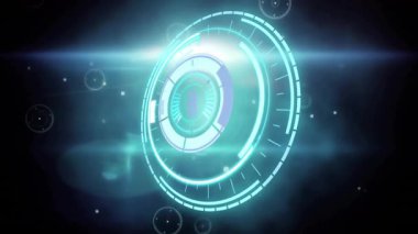 HUD arayüzü azalan sayılarla görünürken halkaları döndürerek sinyal yaylarını çalıştırıyor. Fütürist, teknoloji, arayüz, dijital, yüksek teknoloji, neon, soyut