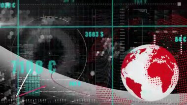 Veri arayüzü başlatılıyor, dönen dünya, yükselen çubuklar ve süpürme hatları para birimi eğilimlerini izliyor. Teknoloji, veri görselleştirme, dijital arayüz, finansal analitik, fütüristik, bilgisel, soyut