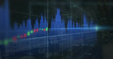 Şebekede beliren mavi dalga biçimi, şamdan çubuklarının yükselmesi, düşen piyasa eğilimlerini gösteriyor. Veri görselleştirme, finansal analiz, dijital arayüz, teknoloji, analitik, hisse senedi ticareti, grafik