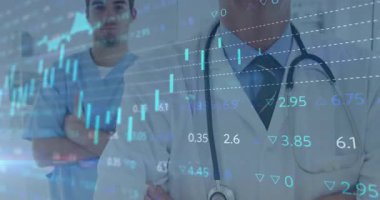 Mavi çizelgeler yukarı doğru kayıyor ve doktorlar tıbbi verileri gösterirken öne çıkıyorlar. Teknoloji, analitik, sağlık, profesyonellik, yenilik, işbirliği, dijital