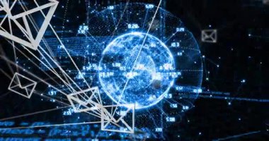 Başlangıçta parlayan 3D ağ küresi ağ akışını görselleştirmek için verileri döndürür ve açığa çıkarır. Teknoloji, siber, veri, görselleştirme, yenilik, gelecekçilik, dijital