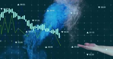 El salma beyaz ve mavi tozlar ızgara üzerinde çarpışırken çubuk çizgisi grafikleri veri kaymalarını gösteriyor. Veri, görselleştirme, animasyon, teknoloji, dijital, yenilik, gelecekçilik