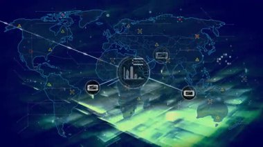 Düz tasarım haritasında parlayan merkez, veri akışını görselleştiren beyaz çizgiler gönderiyor. Teknoloji, bağlantı, yenilik, analitik, dijital, sanal, geleceksel